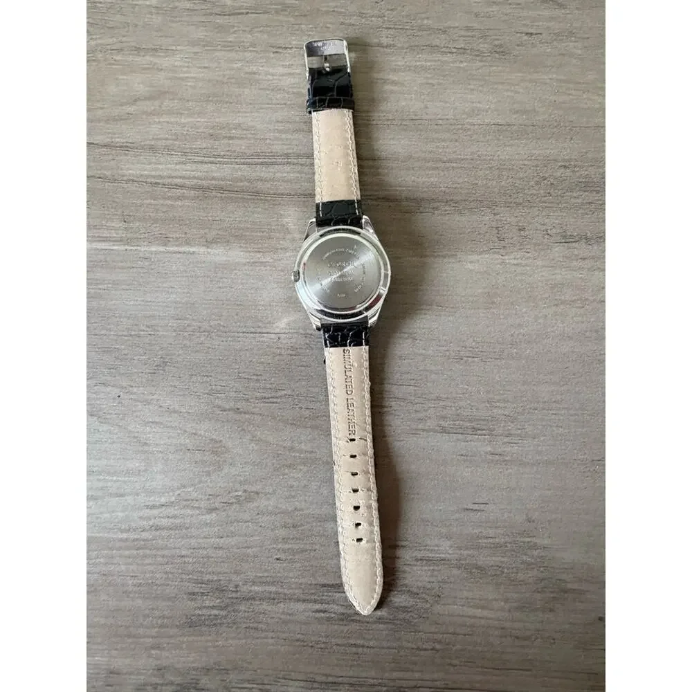 George Crystal Bezel Moon Phase Watch Black Croc Strap Silver Tone Quartz